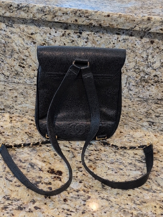 CHANEL Black Caviar Leather Drawstring Backpack with Gold CC Logo